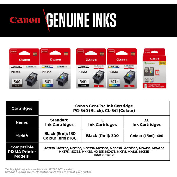 Canon PG-540 / CL-541 Genuine Ink Cartridges, Pack of 2 1 x Black, 1 x Colour , Includes 50 sheets of 4x6 Canon Photo Paper - 5225B013