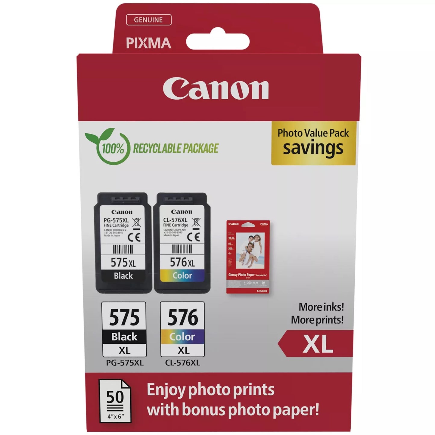 Canon PG-575XL / CL-576XL High Yield Genuine Ink Cartridges, Pack of 2 1 x Black, 1 x Colour ; Includes 50 sheets of 4x6 Canon Photo Paper - 5437C006
