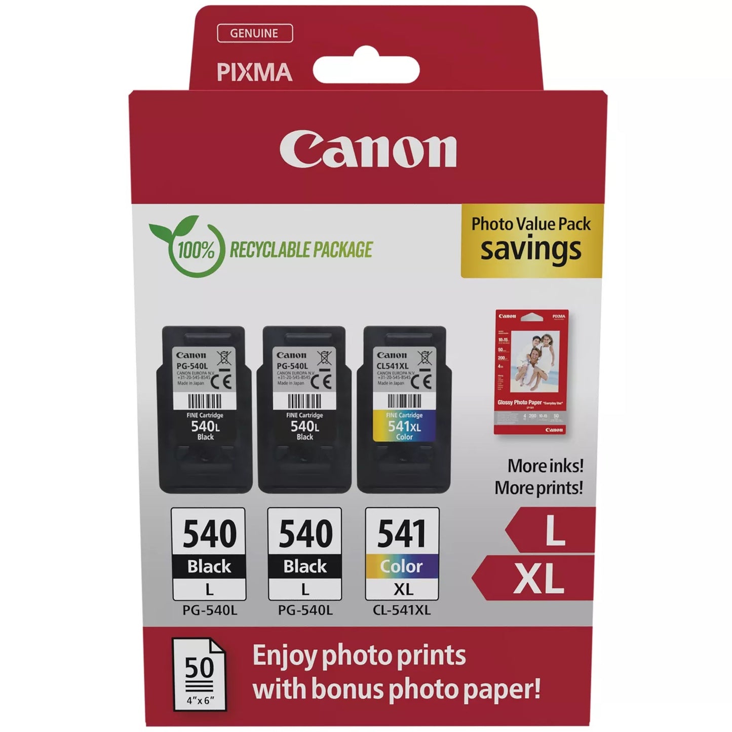 Canon PG-540L x 2 / CL-541XL High Yield Genuine Ink Cartridges, Pack of 3 2 x Black, 1 x Colour Includes 50 sheets of 4x6 Canon Photo Paper - 5224B015