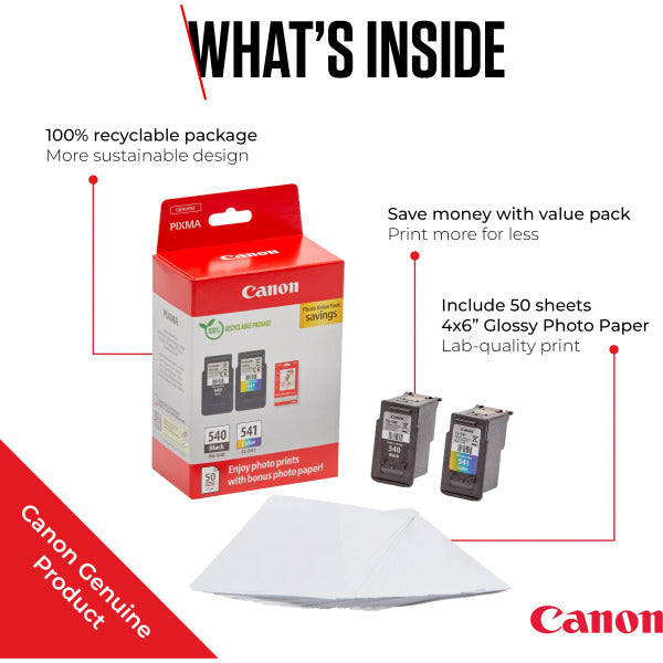 Canon PG-540 / CL-541 Genuine Ink Cartridges, Pack of 2 1 x Black, 1 x Colour , Includes 50 sheets of 4x6 Canon Photo Paper - Cardboard Multipack Canon