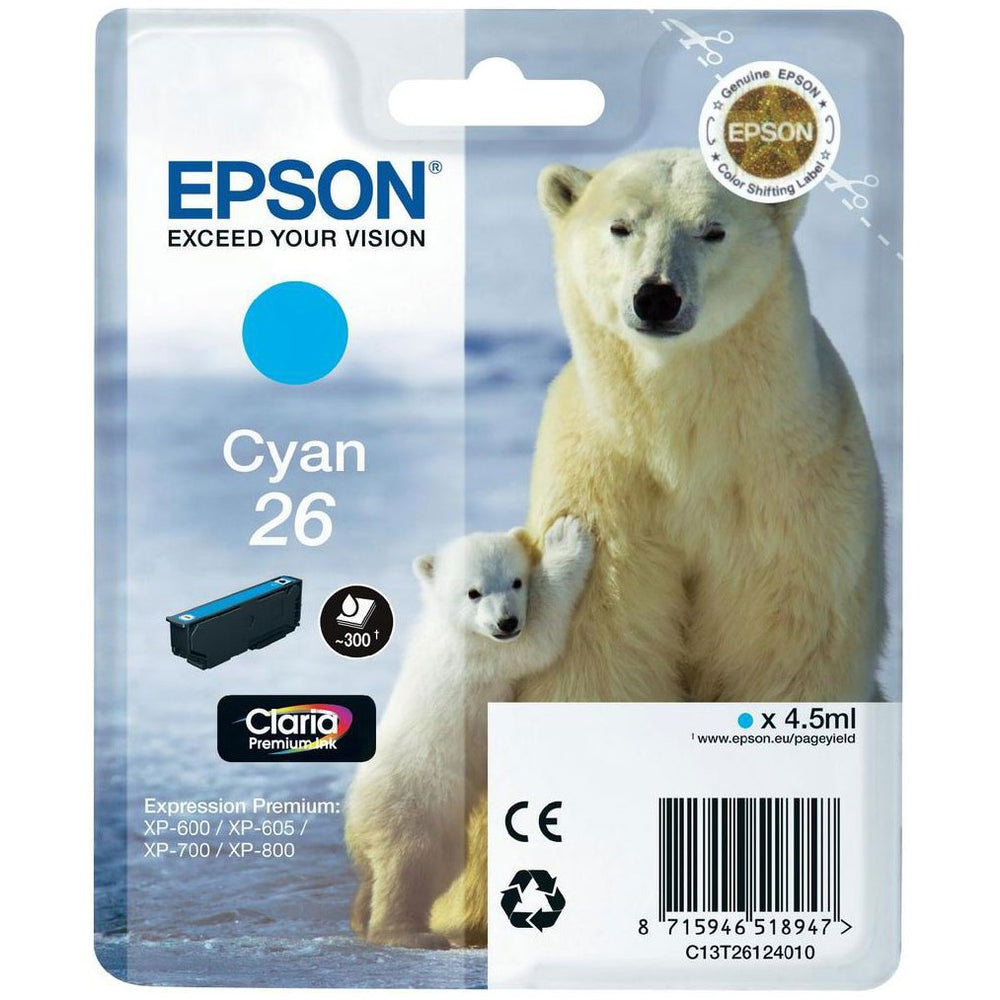 Epson Original T26 Cyan Claria Inkjet Cartridge (Polar Bear) | Cartridge King 