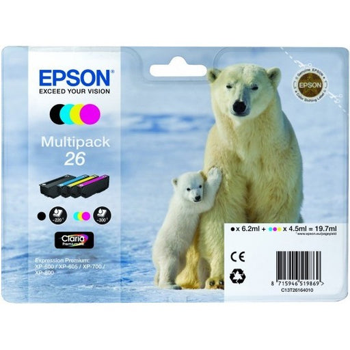 Epson Original T26 Multipack Claria Inkjet Cartridges B/C/M/Y (Polar Bear) | Cartridge King 