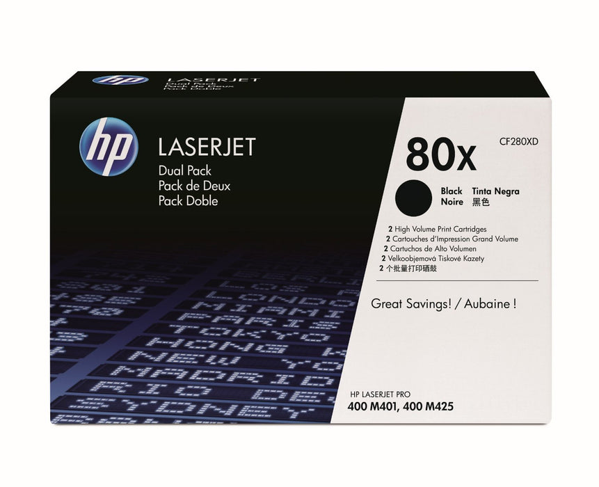 HP 80X 2-pack High Yield Black Original LaserJet Toner Cartridges Page Yield 6900 (CF280XD) | Cartridge King 