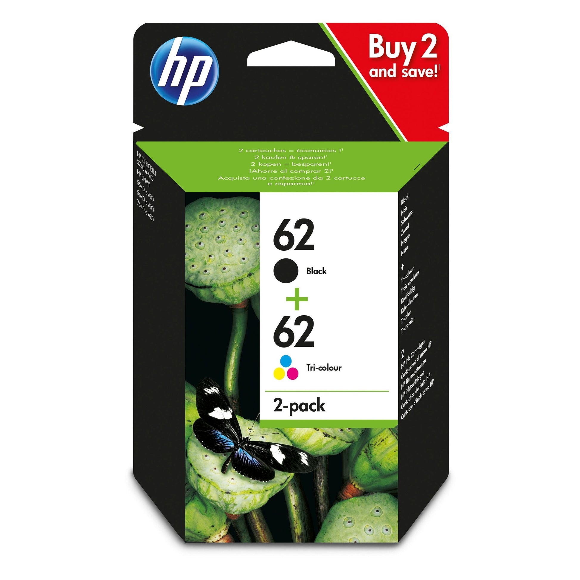 HP 62 2-Pack Black/Tri-colour Original Ink Cartridge Combo Pack Page Yield B 200/Tri 165 (P/N N9J71AE)