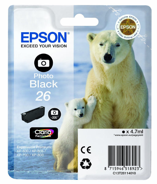 Epson Original T26 PHOTO Black Claria Inkjet Cartridge (Polar Bear) | Cartridge King 