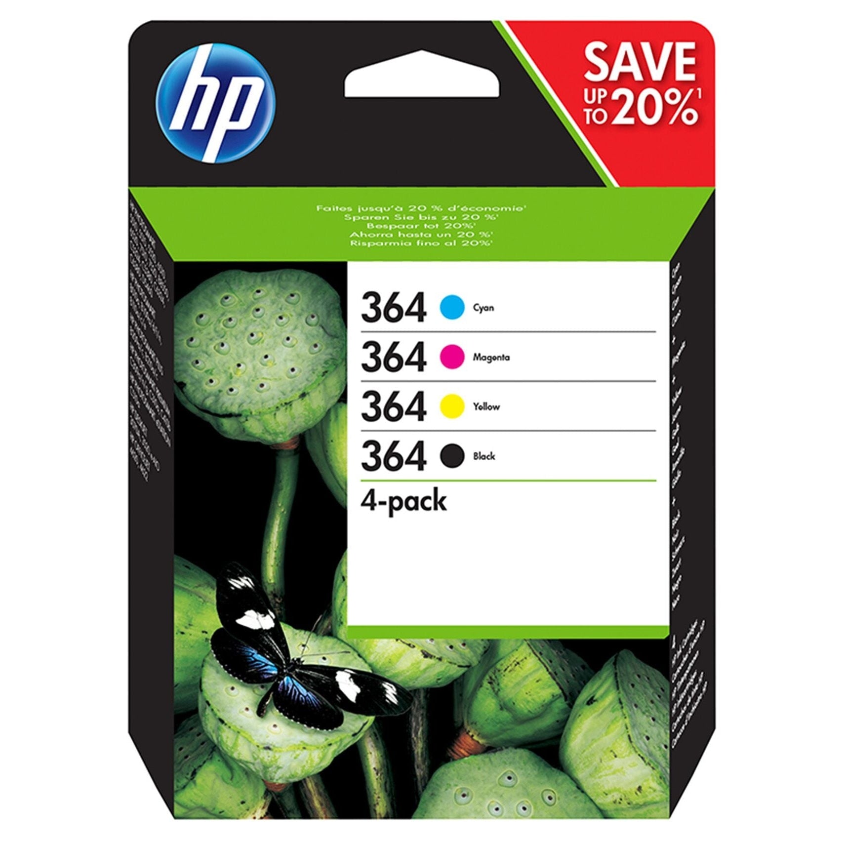 HP 364 4-Pack  Black and Colour Original Ink Combo Pack Page Yield B 250/C 300/M 300/Y 300 (P/N N9J73AE)