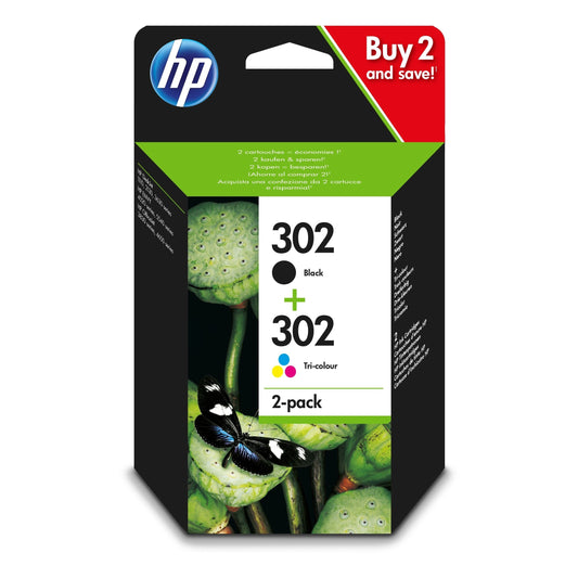 HP 302 2-pack Black/Tri-colour Original Ink Cartridges Combo pack Page Yield B 170/Tri 150 (P/N X4D37AE)