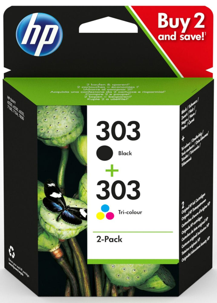 HP 303 2-pack Black/Tri-colour Original Ink Cartridges Combo Pack Page Yield B 200/Tri 165  (P/N 3YM92AE)