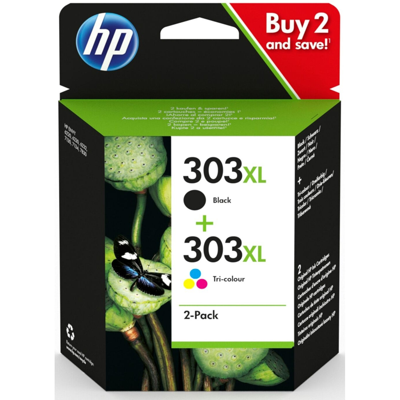 HP 303XL 2-pack Black/Tri-colour Original Ink Cartridges Combo pack Page Yield B 600/Tri 415 (P/N 3YN10AE)