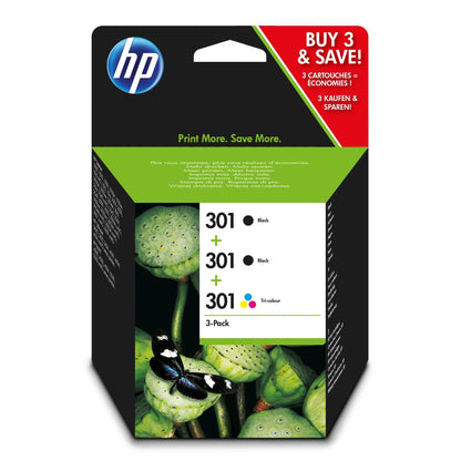 HP 301 3-pack Black/Tri-colour Original Ink Cartridges Combo pack Page Yield B 190/ Tri 165 (E5Y87EE)