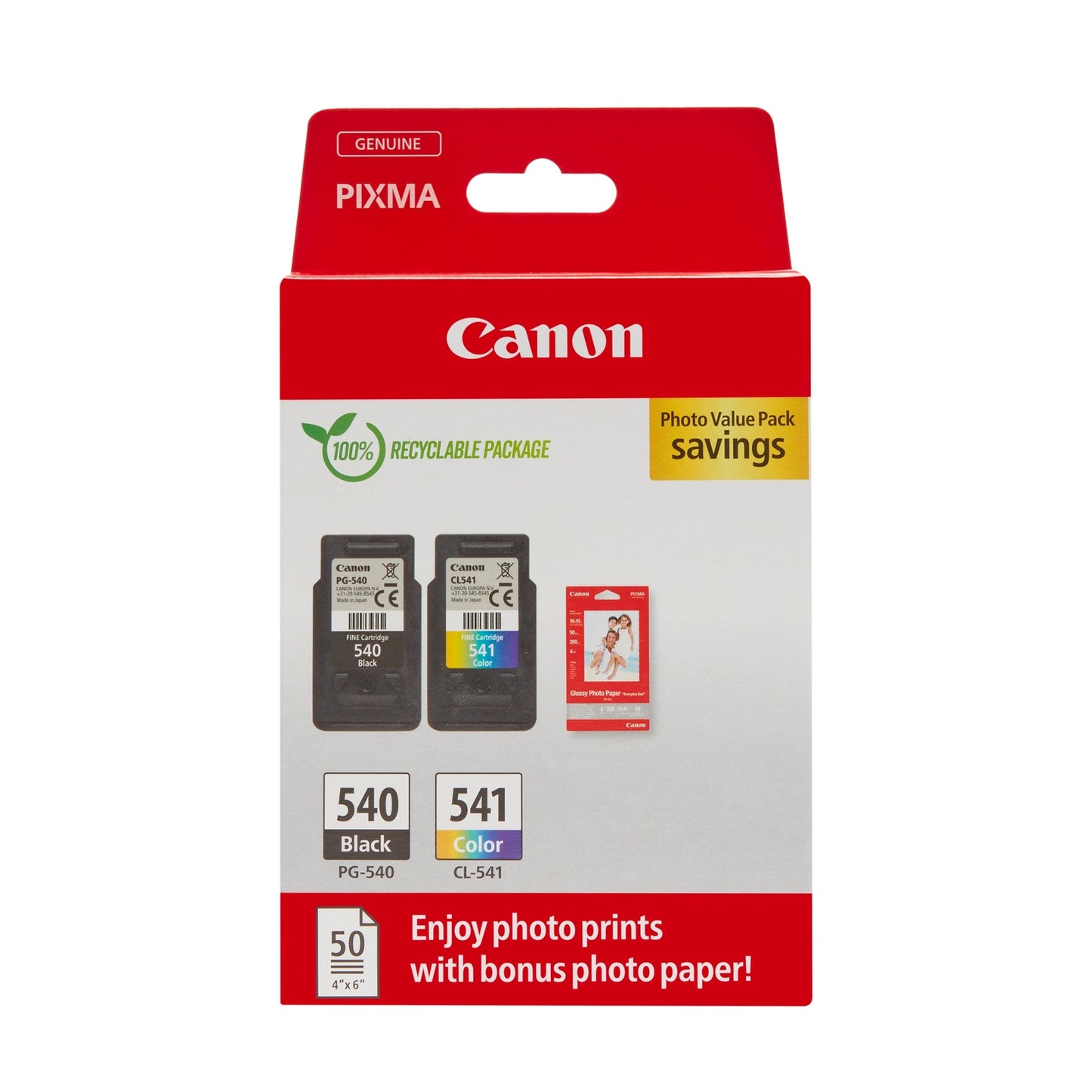 Canon PG-540 / CL-541 Genuine Ink Cartridges, Pack of 2 1 x Black, 1 x Colour , Includes 50 sheets of 4x6 Canon Photo Paper - Cardboard Multipack Canon