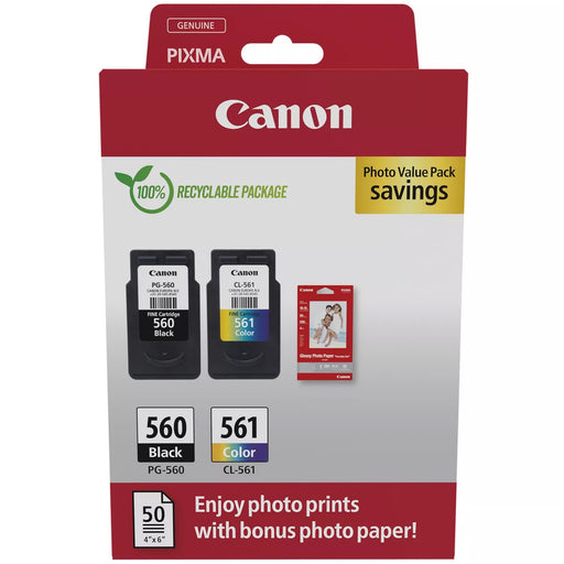 Canon PG-560 / CL-561 Genuine Ink Cartridges, Pack of 2 (1 x Black, 1 x Colour); Includes 50 sheets of 4x6 Canon Photo Paper - Cardboard Multipack