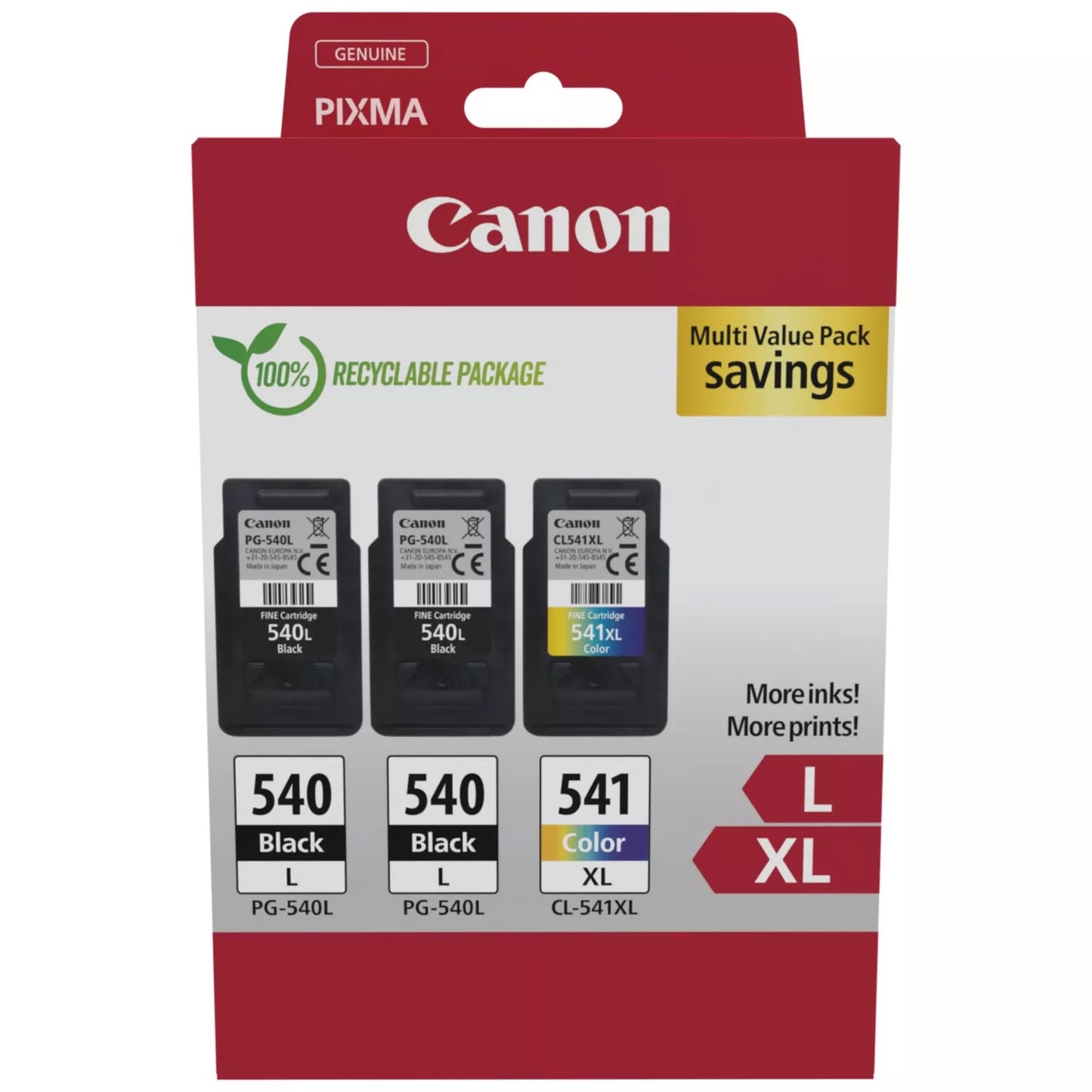 Canon PG-540L x 2 / CL-541XL High Yield Genuine Ink Cartridges, Pack of 3 2 x Black, 1 x Colour - Cardboard Multipack Canon