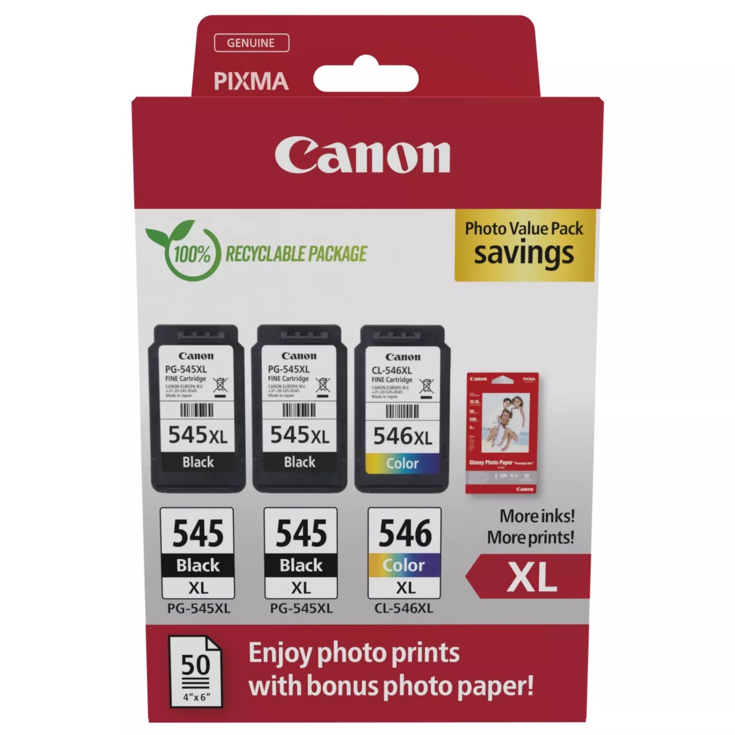 Canon PG-545XL x 2 / CL-546XL High Yield Genuine Ink Cartridges, Pack of 3 2 x Black, 1 x Colour Includes 50 sheets of 4x6 Canon Photo Paper - Cardboard Multipack Canon