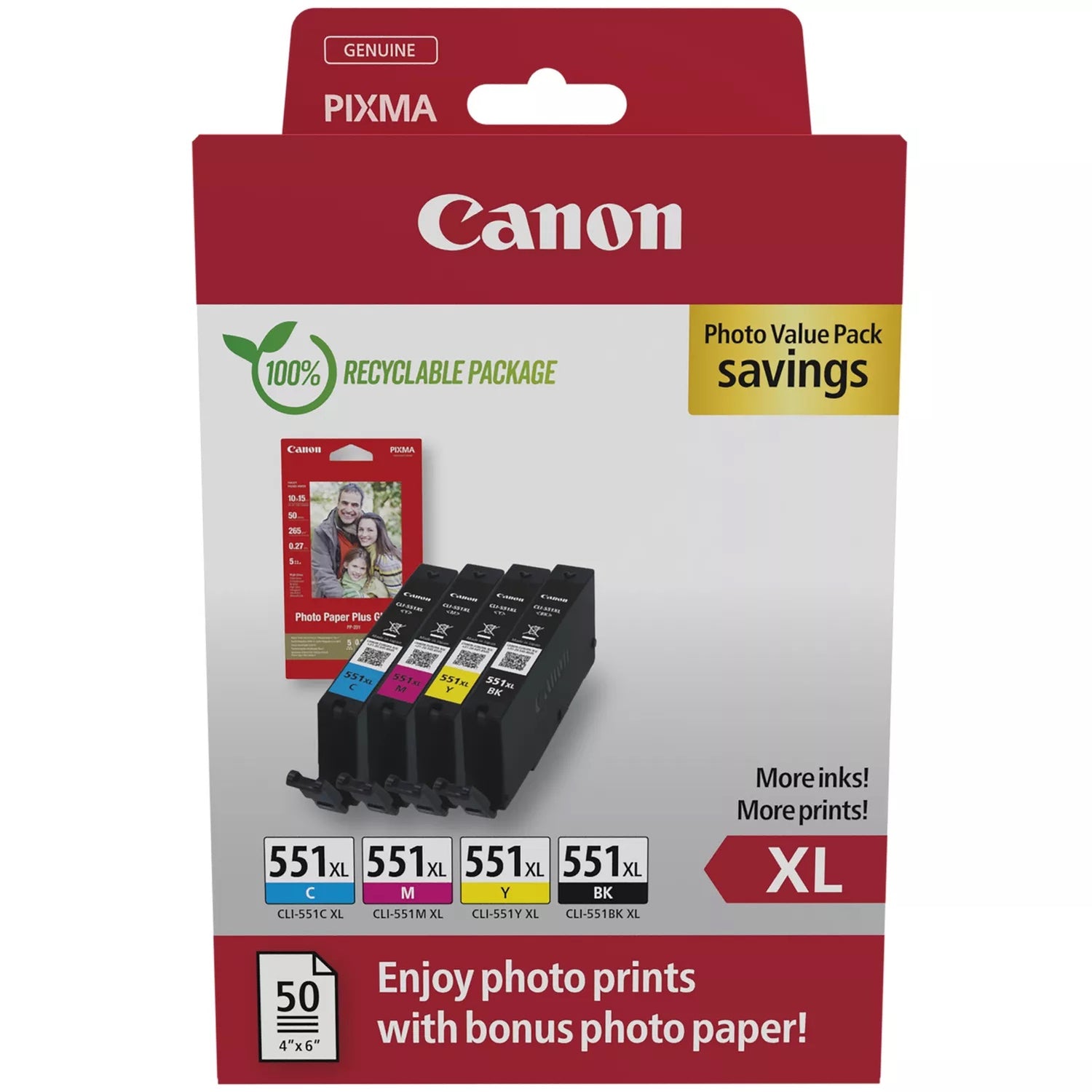 Canon CLI-551XL High Yield Genuine Ink Cartridges, Pack of 4 Black, Cyan, Magenta, Yellow ; Includes 50 Sheets of 4x6 Canon Photo Paper - 6443B008