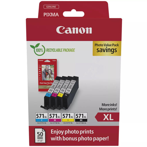 Canon CLI-571XL High Yield Genuine Ink Cartridges, Pack of 4 (Black, Cyan, Magenta, Yellow); Includes 50 Sheets of 4x6 Canon Photo Paper - Cardboard Multipack