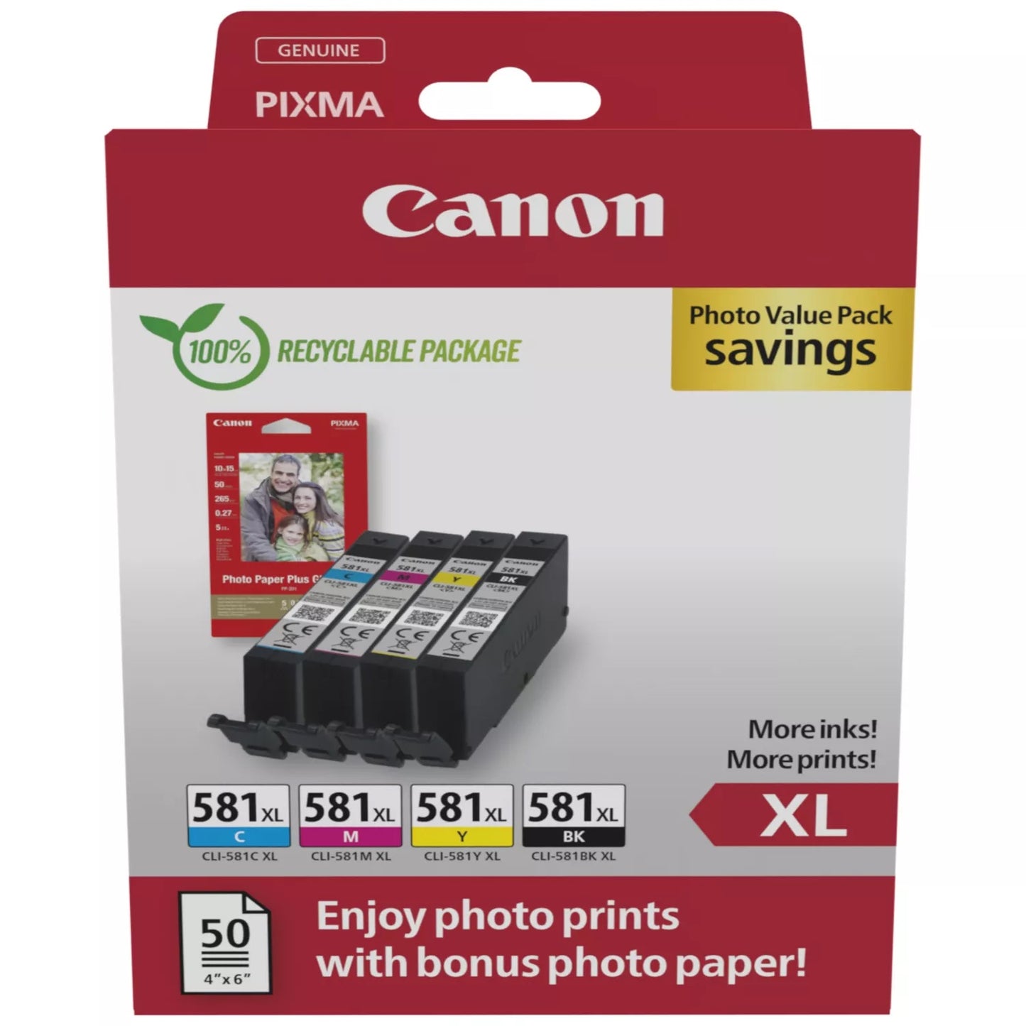 Canon CLI-581XL High Yield Genuine Ink Cartridges, Pack of 4 Black, Cyan, Magenta, Yellow ; Includes 50 Sheets of 4x6 Canon Photo Paper - Cardboard Multipack Canon