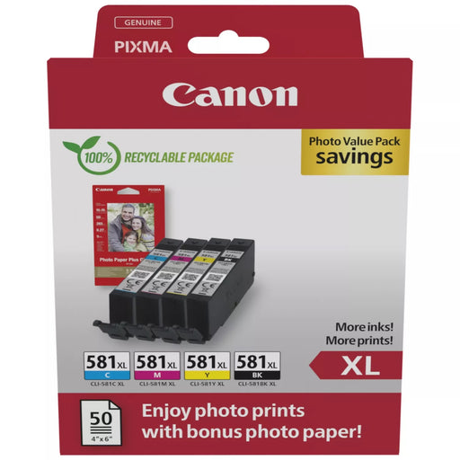 Canon CLI-581XL BK/C/M/Y High Yield Ink Cartridge + Photo Paper Value Pack | Cartridge King 