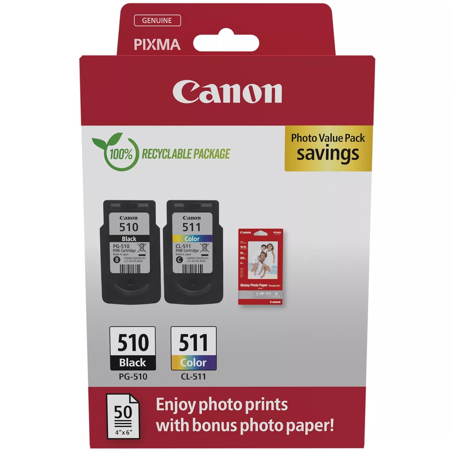 Canon PG-510 / CL-511 Genuine Ink Cartridges, Pack of 2 1 x Black, 1 x Colour , Includes 50 sheets of 4x6 Canon Photo Paper - 2970B017k