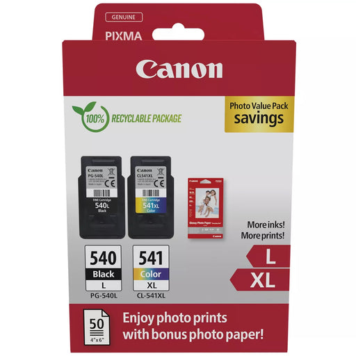 Canon PG540L / CL541XL High Yield Genuine Ink Cartridges, Pack of 2 (Colour & Black); Includes 50 Sheets of 4x6 Canon Photo Paper - Cardboard Multipack | Cartridge King 