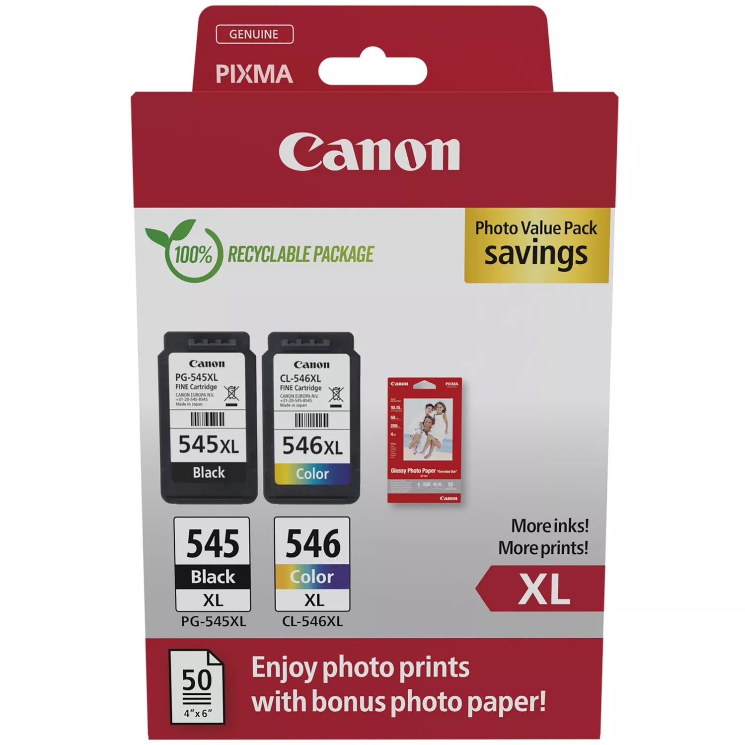 Canon PG-545XL / CL-546XL High Yield Genuine Ink Cartridges, Pack of 2 Value Pack; Includes 50 Sheets of 4x6 Canon Photo Paper - 8286B011