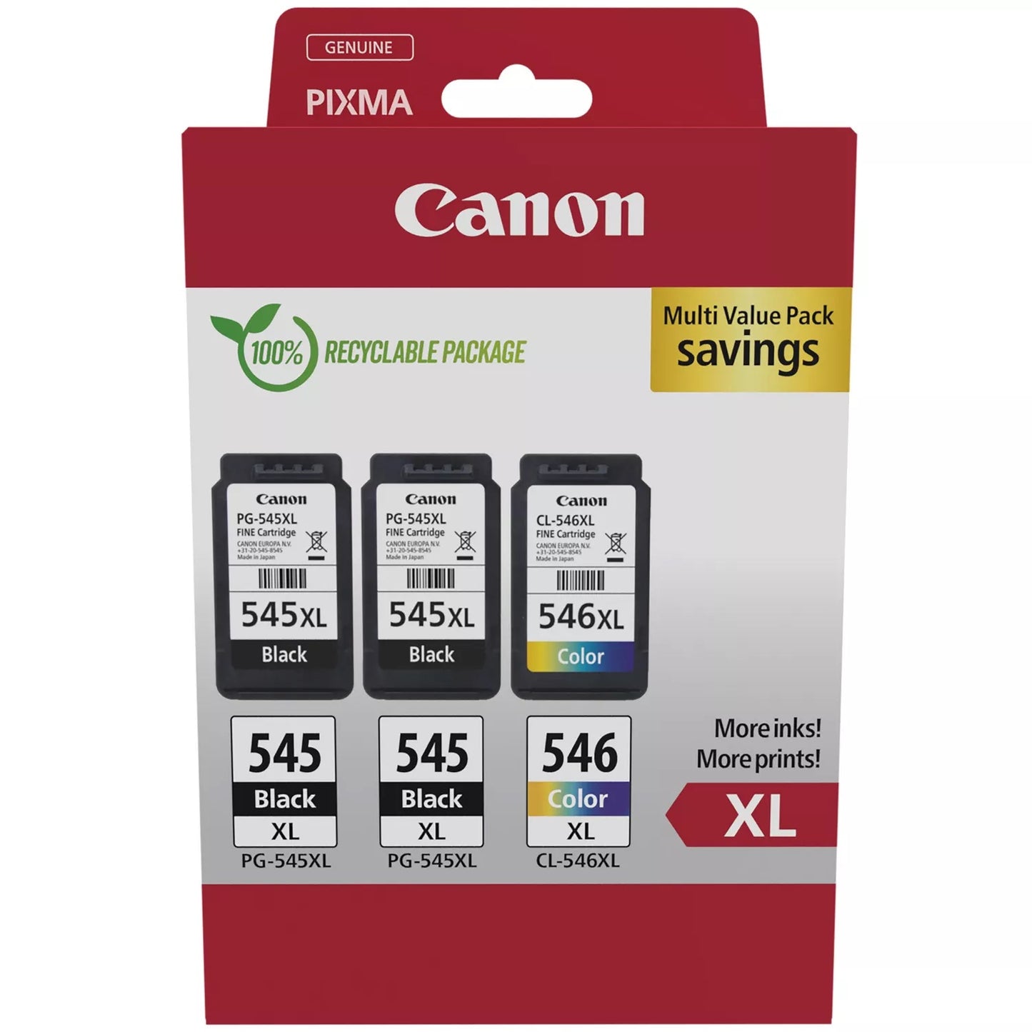 Canon PG-545XL x 2 / CL-546XL High Yield Genuine Ink Cartridges, Pack of 3 2 x Black, 1 x Colour - Cardboard Multipack Canon