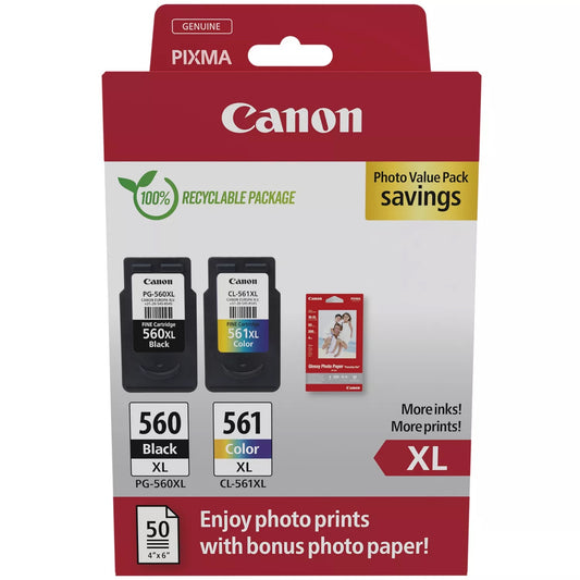 Canon PG-560XL / CL-561XL High Yield Genuine Ink Cartridges, Pack of 2 Colour & Black ; Includes 50 Sheets of 4x6 Canon Photo Paper - Cardboard Multipack Canon