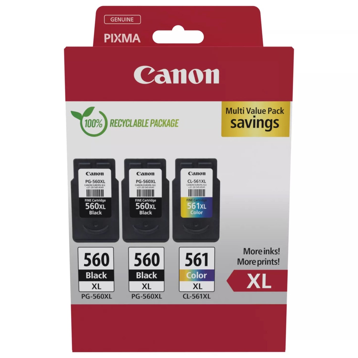 Canon PG-560XL x 2 / CL-561XL High Yield Genuine Ink Cartridges, Pack of 3 2 x Black, 1 x Colour - Cardboard Multipack Canon