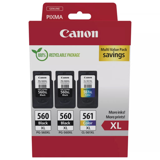 Canon PG-560XL x 2 / CL-561XL High Yield Genuine Ink Cartridges, Pack of 3 (2 x Black, 1 x Colour) - Cardboard Multipack