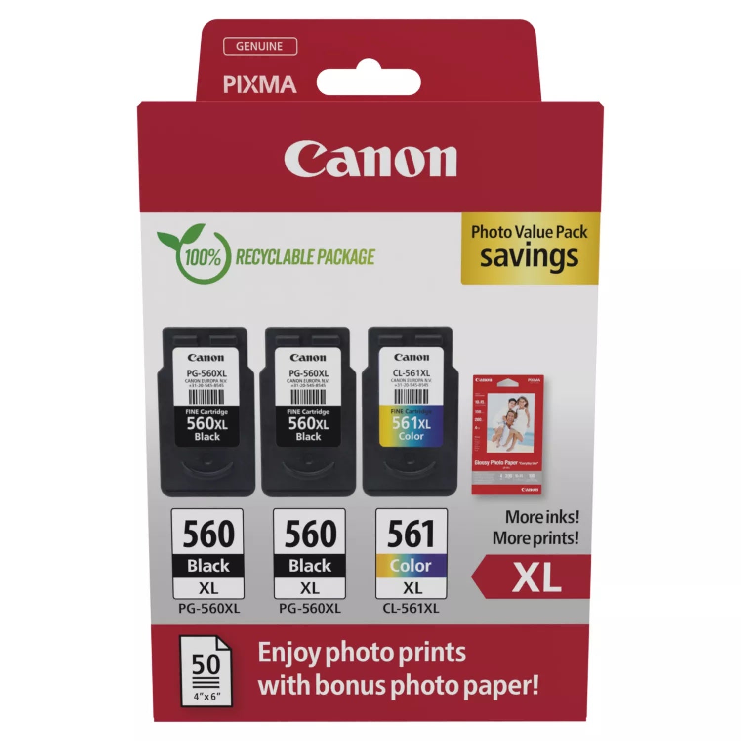 Canon PG-560XL x 2 / CL-561XL High Yield Genuine Ink Cartridges, Pack of 3 2 x Black, 1 x Colour ; Includes 50 sheets of 4x6 Canon Photo Paper - Cardboard Multipack Canon