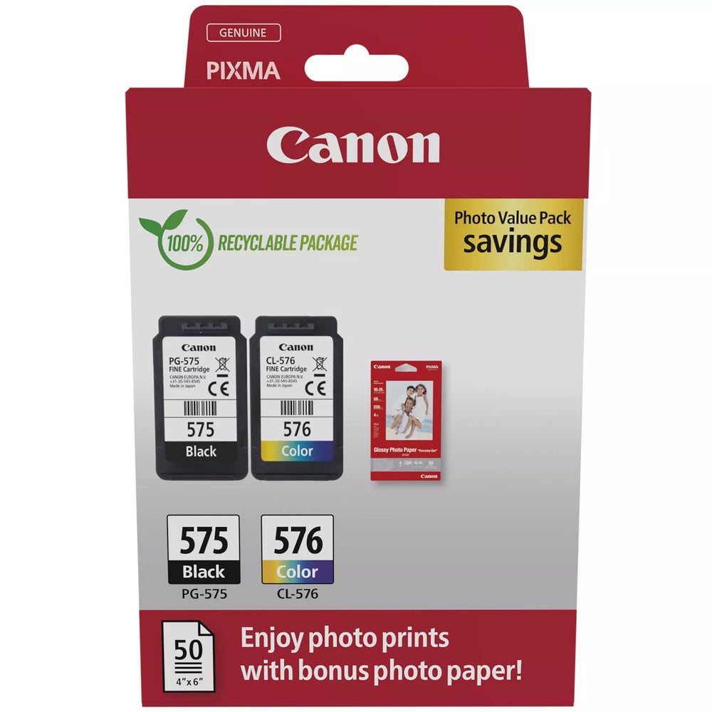 Canon PG-575 / CL-576 Genuine Ink Cartridges, Pack of 2 (1 x Black, 1 x Colour); Includes 50 sheets of 4x6 Canon Photo Paper - Cardboard Multipack