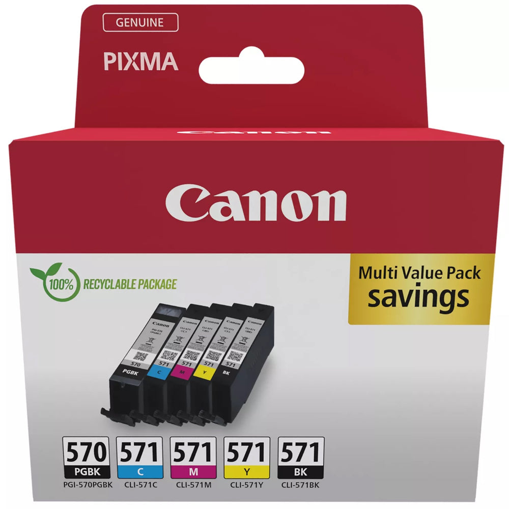 Canon PGI-570 / CLI-571 Genuine Ink Cartridges, Pack of 5 (2 x Black, Cyan, Magenta, Yellow) - Cardboard Multipack