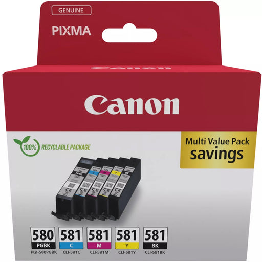 Canon PGI-580 / CLI-581 Genuine Ink Cartridges, Pack of 5 (2 x Black, Cyan, Magenta, Yellow) - Cardboard Multipack