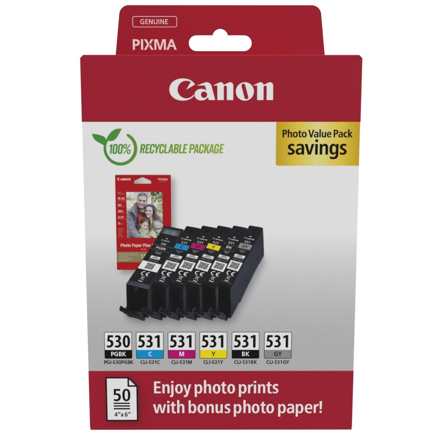 Canon PGI-530/CLI-531 PGBK/C/M/Y/BK/GY Photo Value Pack with 50 Sheets of Photo paper Canon